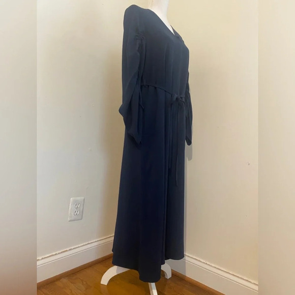 TIBI Navy Ruched Convertible Sleeve Stretch Crepe Midi V-Neck Dress Size 8 NWOT - Picture 11 of 14